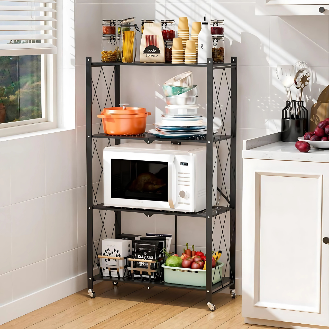 Étagère de Rangement Pliable Multifonction avec Roulettes – 4 Niveaux