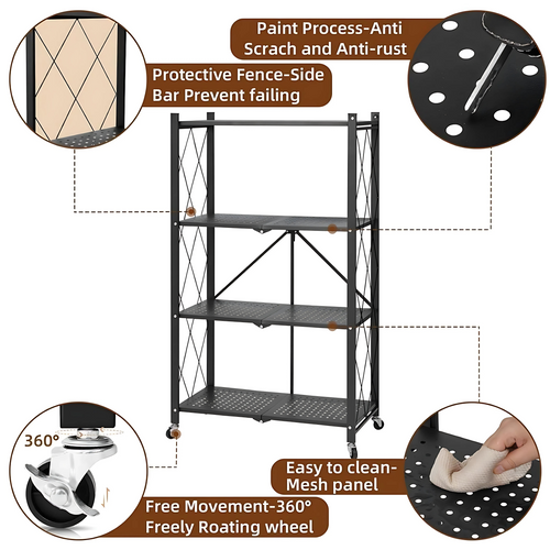 Étagère de Rangement Pliable Multifonction avec Roulettes – 4 Niveaux