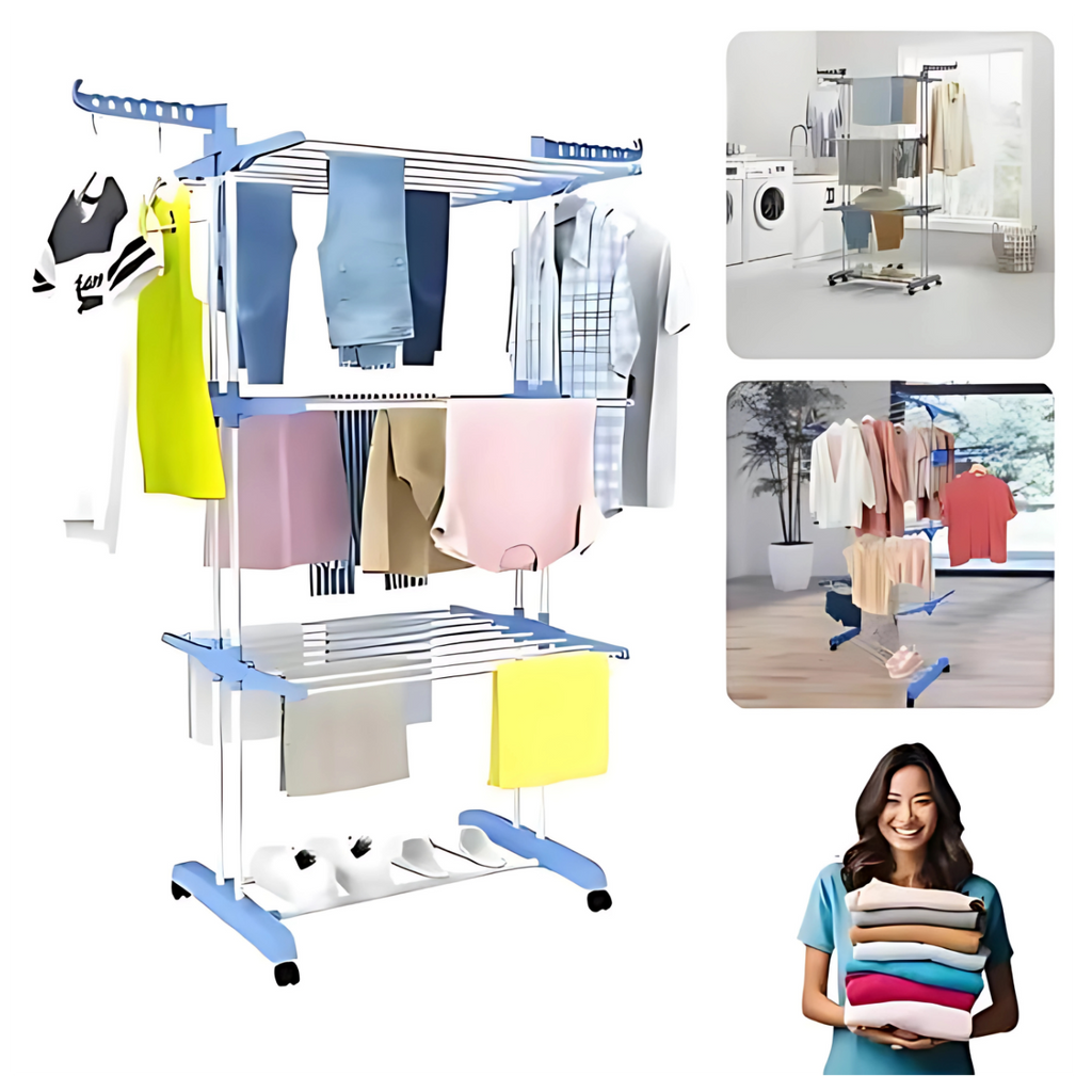 Séchoir à Linge Pliable à 3 Niveaux avec Roulettes