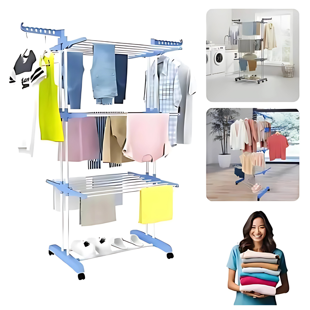 Séchoir à Linge Pliable à 3 Niveaux avec Roulettes