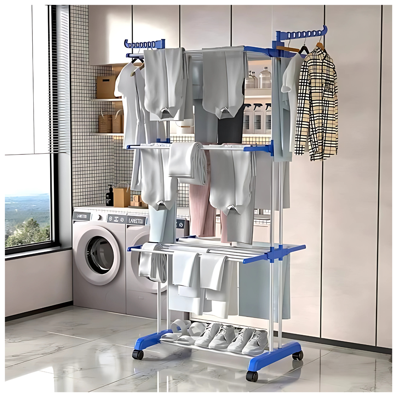 Séchoir à Linge Pliable à 3 Niveaux avec Roulettes