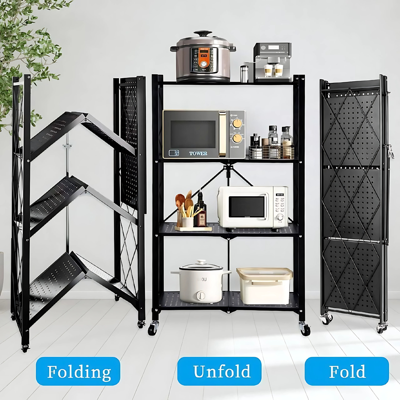 Étagère de Rangement Pliable Multifonction avec Roulettes – 4 Niveaux