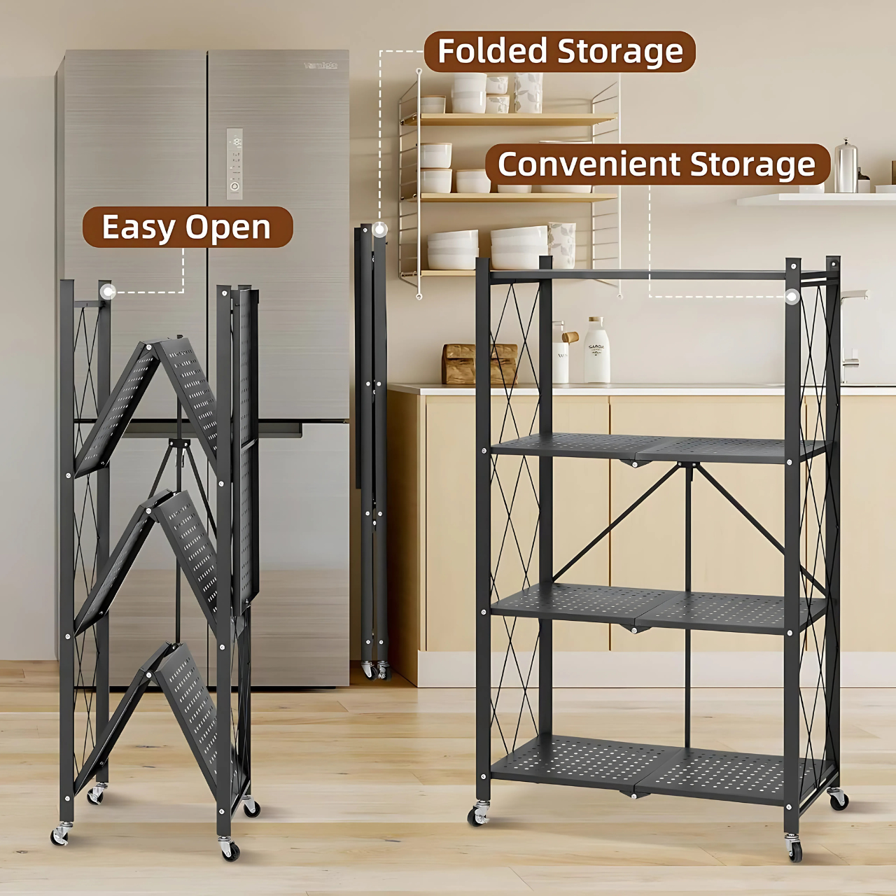 Étagère de Rangement Pliable Multifonction avec Roulettes – 4 Niveaux