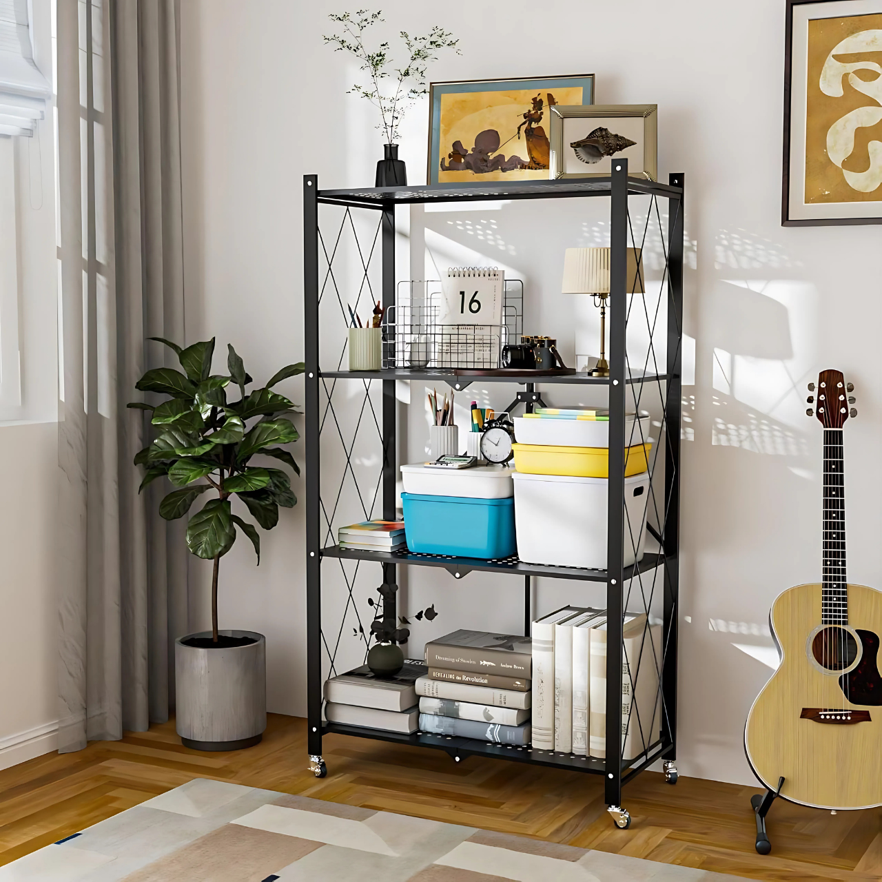 Étagère de Rangement Pliable Multifonction avec Roulettes – 4 Niveaux